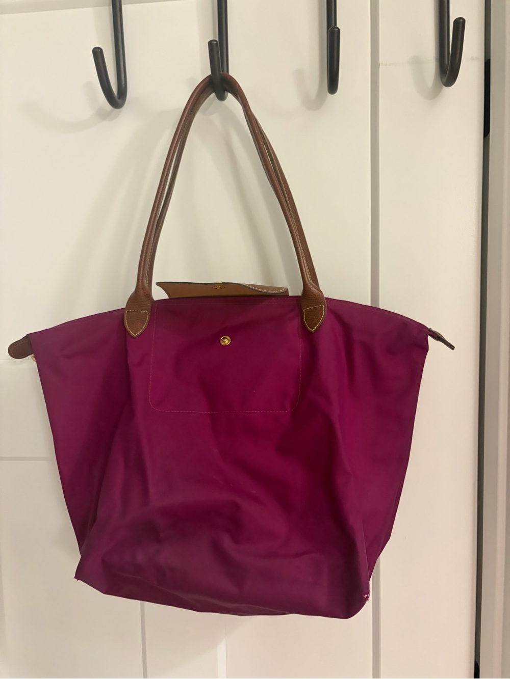 Longchamp Magenta Nylon Shoulder Tote with Brown Leather Handles